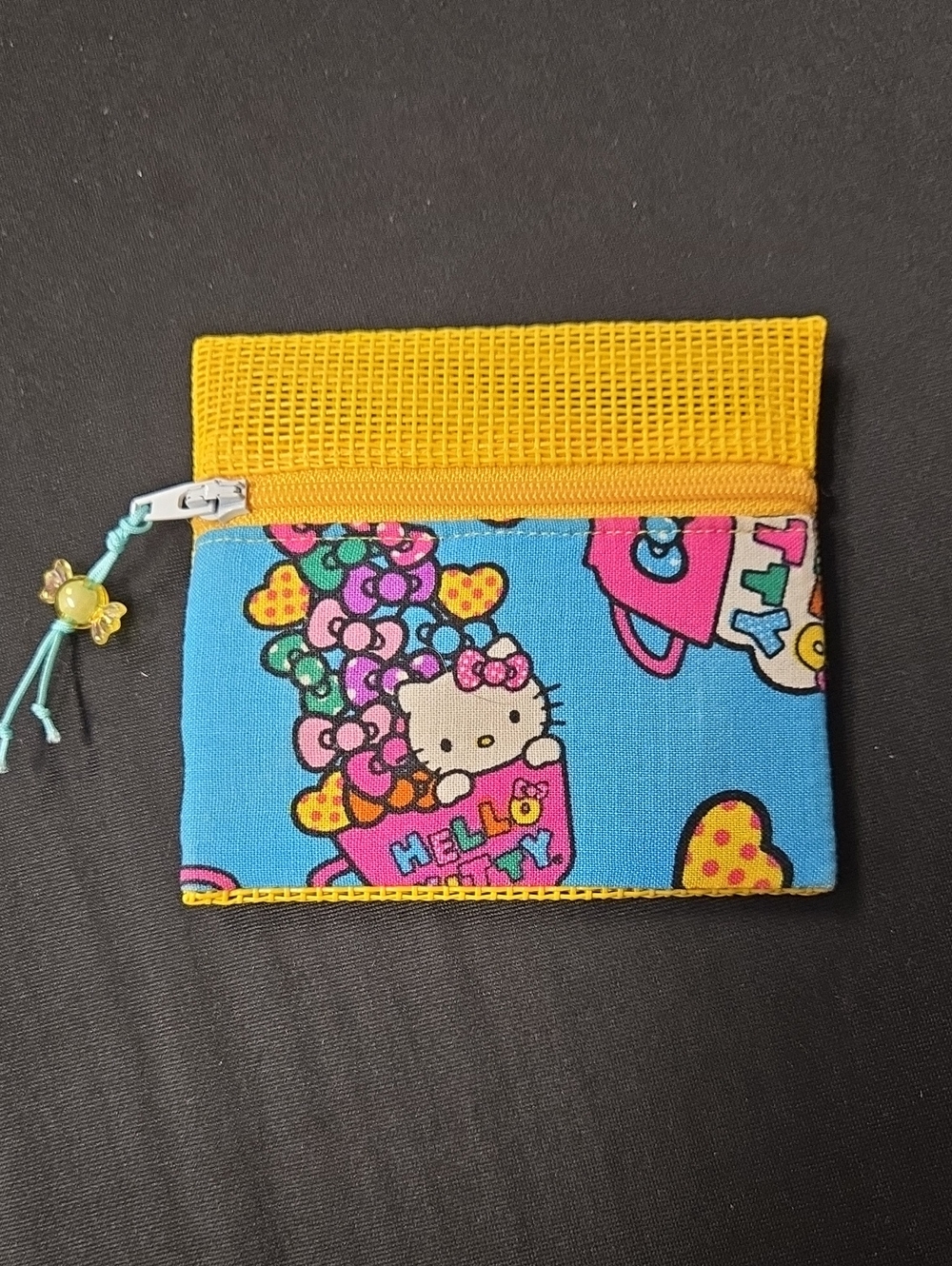 Handmade Hello Kitty Blue and Yellow Mesh Kids Zip Pouch 4"x4" NWOT